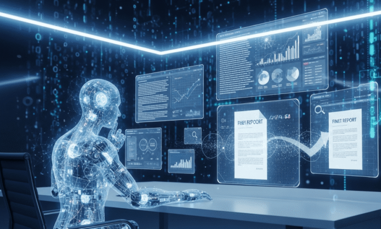 A digital humanoid analyzes data on holographic screens, showcasing advanced AI technology and data analysis.
