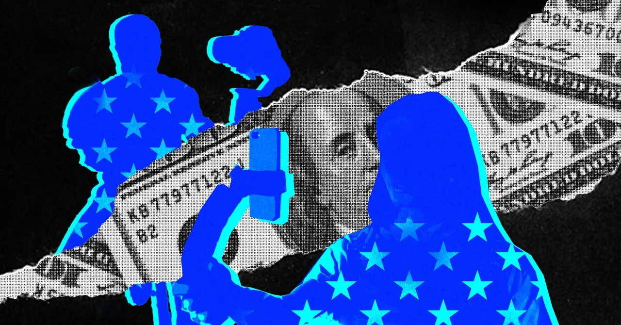 Silhouetted figures, overlaid on US dollar bills, holding cameras and phones. A commentary on political influence and social media.