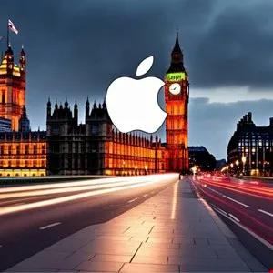 Apple logo superimposed over a nighttime view of the Houses of Parliament and Big Ben in London.