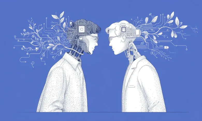 Two robotic figures face each other, circuits and plant life merging from their heads, on a blue background.
