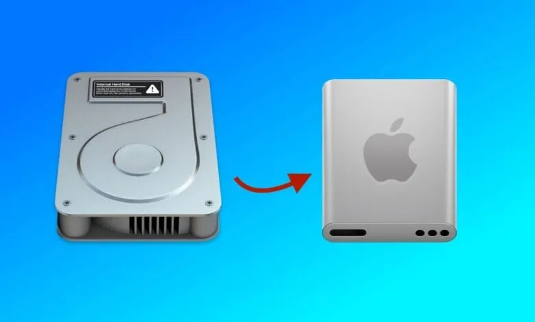Data transfer from a hard drive to an Apple device. A silver hard drive icon is shown transferring data to a silver Apple device.