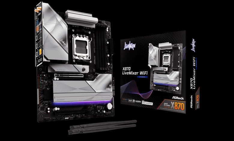 ASRock X870 LiveMixer WiFi motherboard with its box and antennas. Sleek design with silver and black accents.
