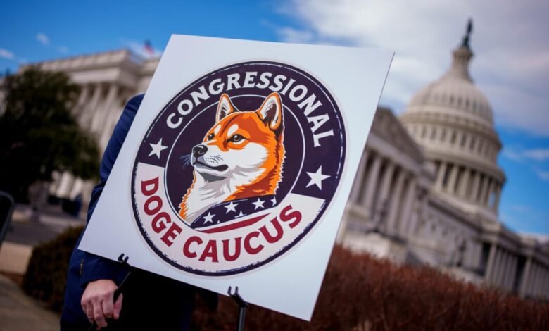 Close-up of a sign for the Congressional Doge Caucus, featuring a Shiba Inu logo, with the US Capitol building in the background.