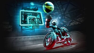 Futuristic robotic figure in a wheelchair dribbling a basketball, poised for a shot at a neon-lit hoop.