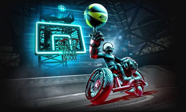 Futuristic robotic figure in a wheelchair dribbling a basketball, poised for a shot at a neon-lit hoop.