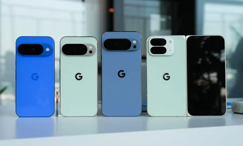 Google Pixel phones in blue, mint, and purple, displayed in a row.