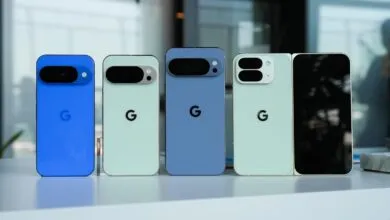 Google Pixel phones in blue, mint, and purple, displayed in a row.