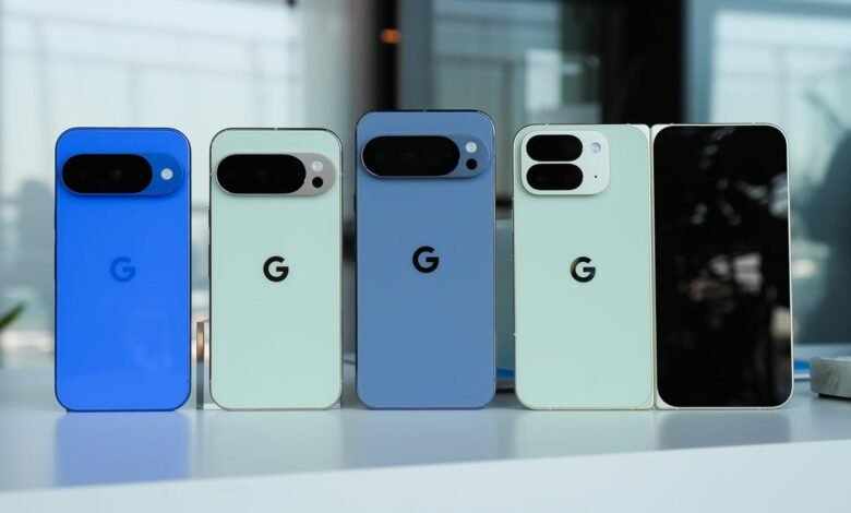Google Pixel phones in blue, mint, and purple, displayed in a row.