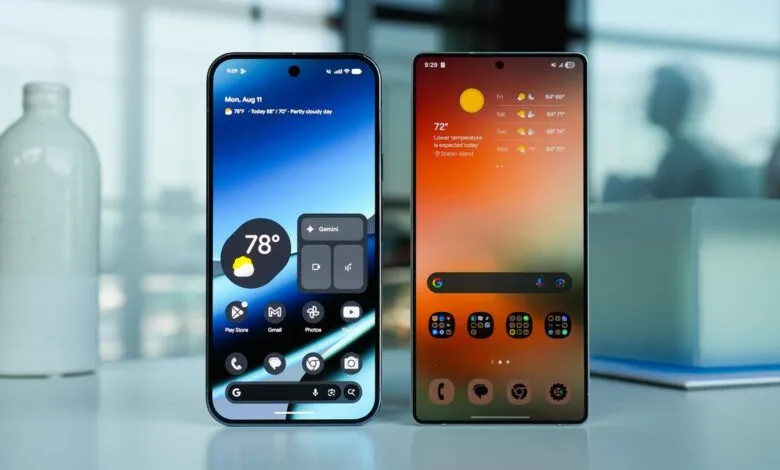 Side-by-side comparison of Android phone home screens, showcasing different app layouts and weather widgets.