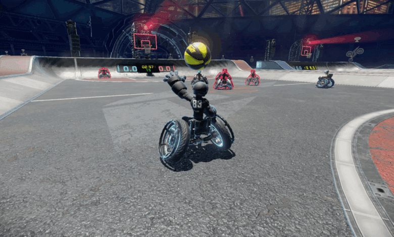 A robotic wheelchair basketball player prepares to shoot, other players visible on a futuristic court.