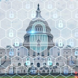 US Capitol building overlaid with a large digital padlock and a network of smaller padlocks, symbolizing cybersecurity.