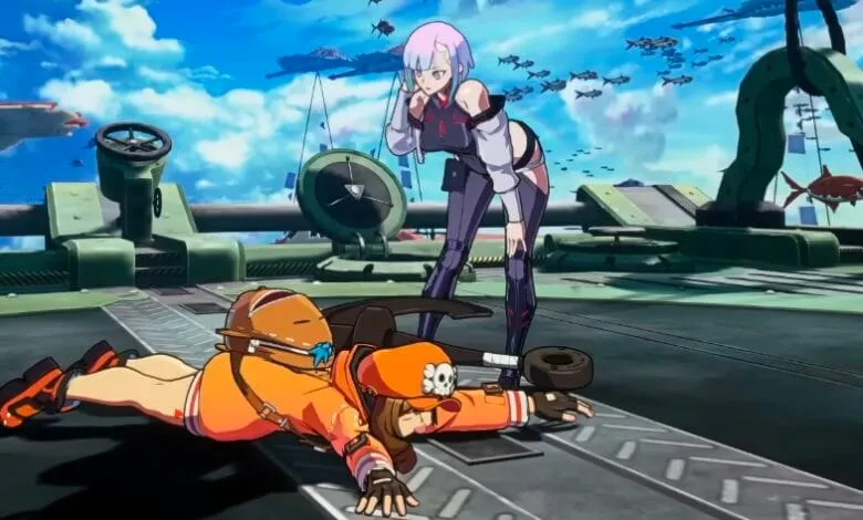 Anime fighting game screenshot: A victorious female character stands over a defeated opponent on a futuristic platform.