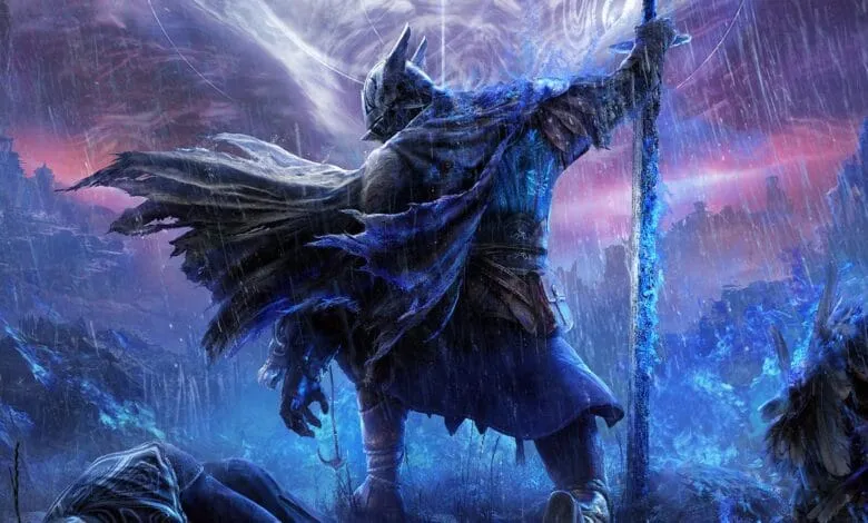 A cloaked warrior with a glowing blue sword stands in a stormy, desolate landscape.