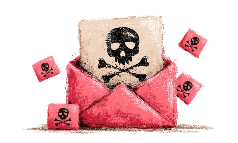 A pink envelope with a skull and crossbones on the letter inside, surrounded by more skull and crossbones symbols. Beware of dangerous emails!