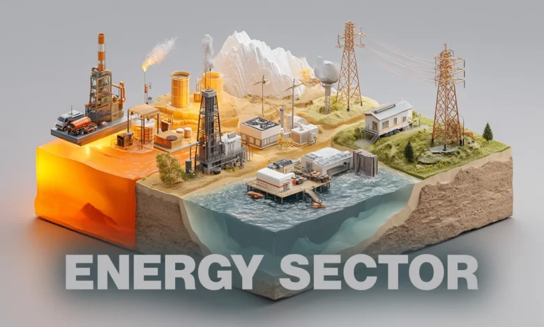 3D model showcasing various energy sources: oil refinery, wind turbines, power lines, and offshore platforms.