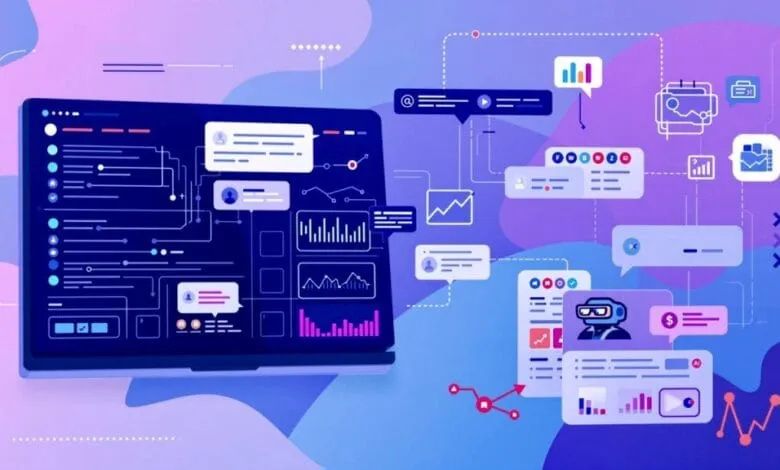 Laptop screen displaying a complex data dashboard with charts, graphs, and interconnected elements, illustrating data analysis and visualization.