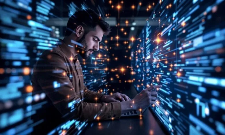 A man works on a laptop, surrounded by digital data streams and code. He appears focused and engrossed in his task.