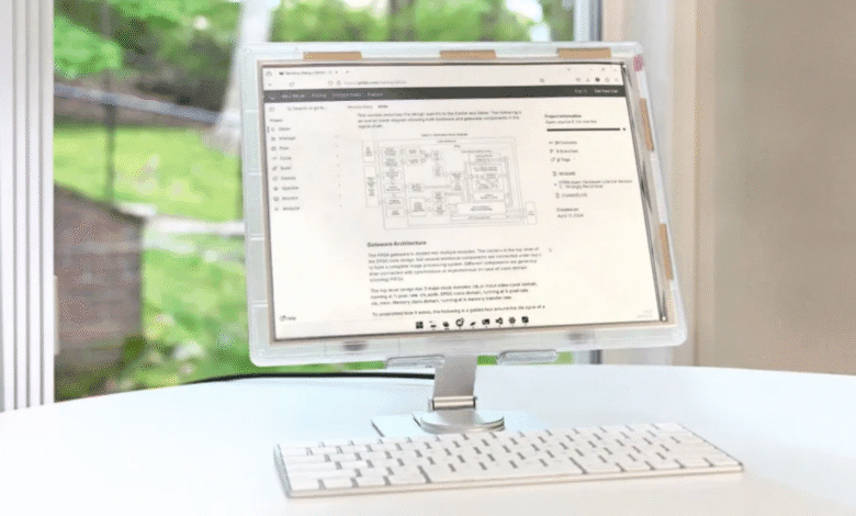A clear e-reader displays a technical diagram and text about gateware architecture. It sits on a desk with a keyboard.