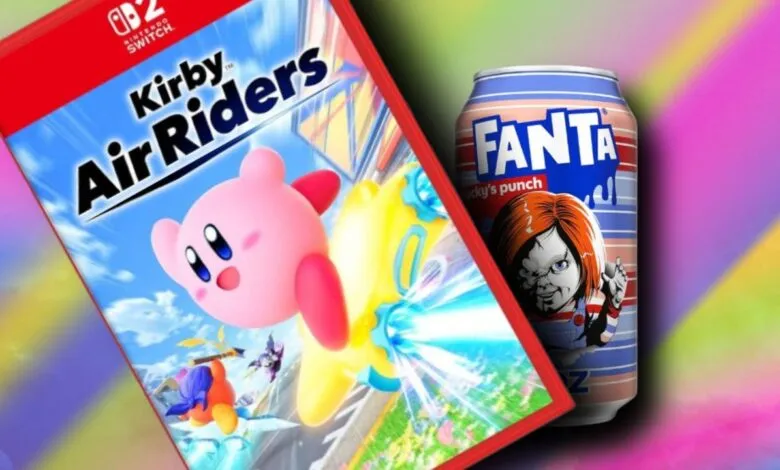 Kirby Air Riders Nintendo Switch game cover art next to a Chucky's Punch Fanta can.