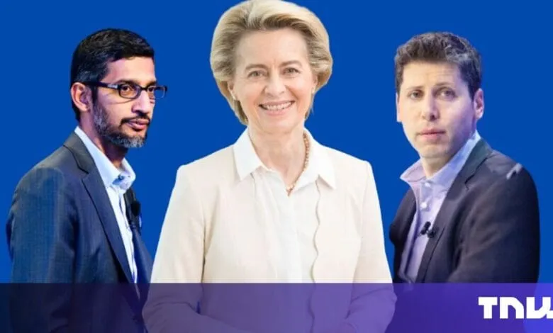 Sundar Pichai, Ursula von der Leyen, and Ben Smith pose together against a vibrant blue background.