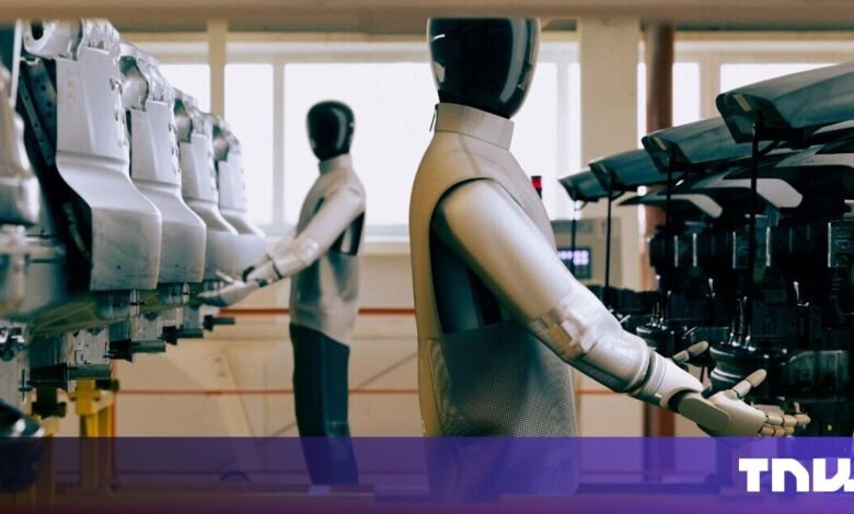 Two robots work on an automotive assembly line, handling car parts. A futuristic factory setting.