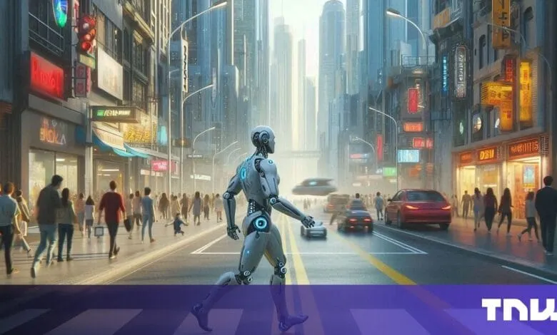 A humanoid robot walks down a busy futuristic city street, surrounded by flying cars and crowds of people.