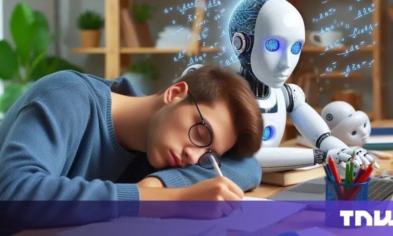 Student sleeping at desk while robot works on laptop, equations float above.