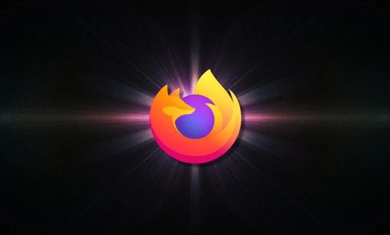 Firefox logo: an orange fox wrapped around a blue orb, surrounded by a radiant starburst on a dark background.