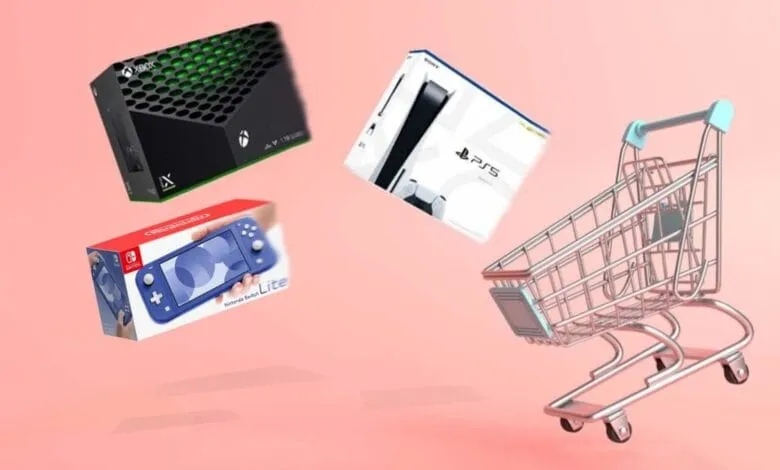 Xbox Series X, PS5, and Nintendo Switch Lite boxes float above a shopping cart on a pink background.