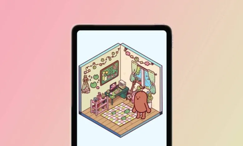 Isometric illustration of a cute pastel room on a tablet: cartoon character, frog decorations, desk, and computer.