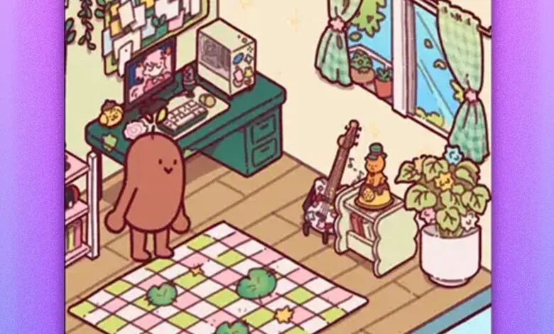 Cute cartoon room with a brown character, desk, guitar, plants, and a checkered rug.