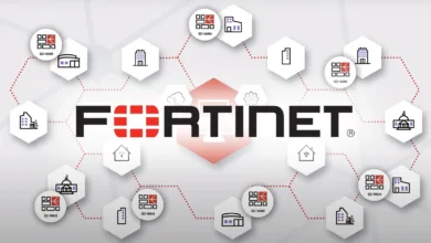 Diagram showing Fortinet's SD-WAN solution connecting various locations, including homes, offices, and government buildings.