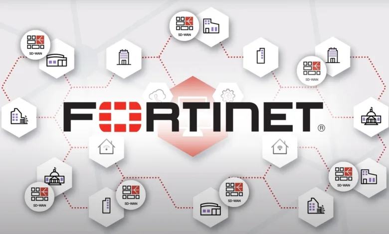 Diagram showing Fortinet's SD-WAN solution connecting various locations, including homes, offices, and government buildings.