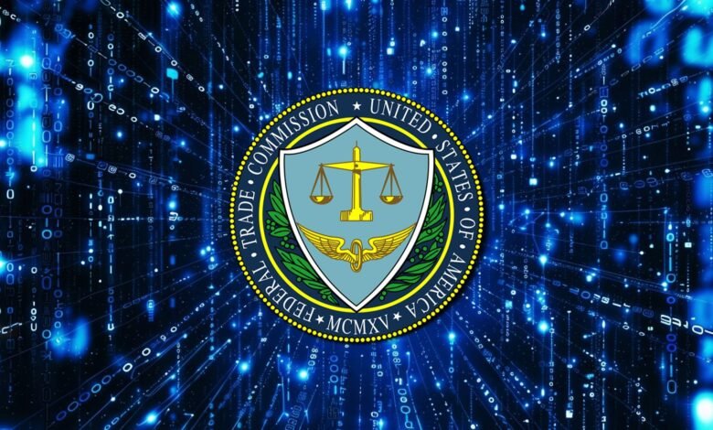 FTC seal superimposed on a blue digital background of binary code. Represents digital regulation.