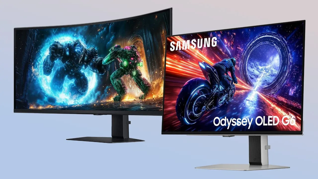 Two large curved gaming monitors display vibrant action scenes. One shows a mech battle, the other a futuristic motorcycle race.