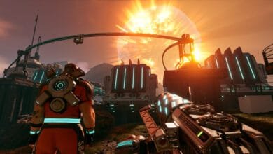 Sci-fi game scene: player in orange armor witnesses massive planetary explosion near futuristic buildings.