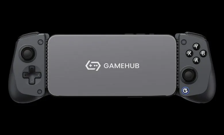 GameSir X5S mobile gaming controller attached to a smartphone, showcasing its buttons and GameHub logo.