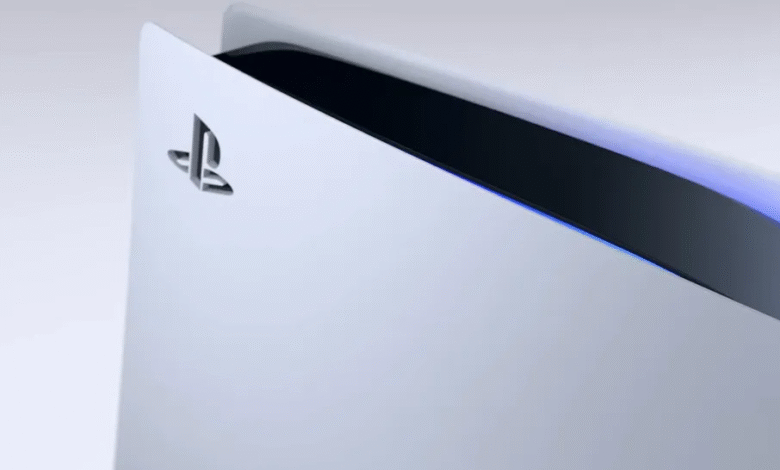 Close-up of a white PlayStation 5 console, showcasing the PlayStation logo and a subtle blue light.