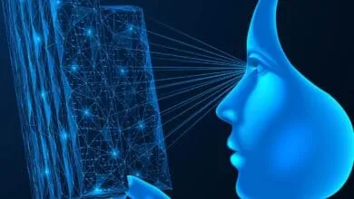 Abstract digital illustration of a person's face interacting with a glowing blue data structure.