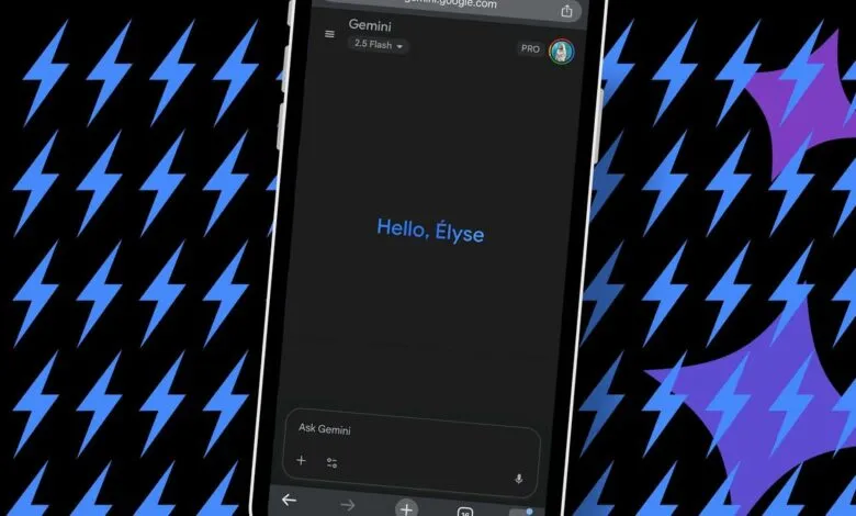 Google Gemini AI interface on a phone, showing a welcome message and input field.