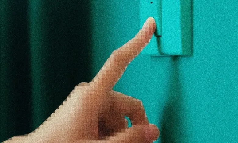 Pixelated hand reaches to flip a teal light switch against a dark teal wall.