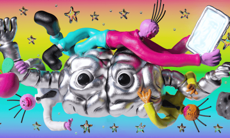 Whimsical 3D render: colorful figures interact with a large silver brain against a rainbow backdrop.