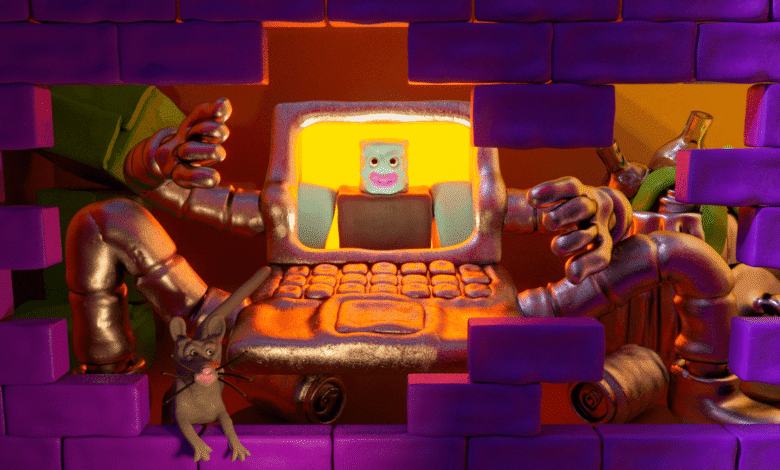 Friendly robot emerges from purple brick wall, giving thumbs up; small mouse nearby.