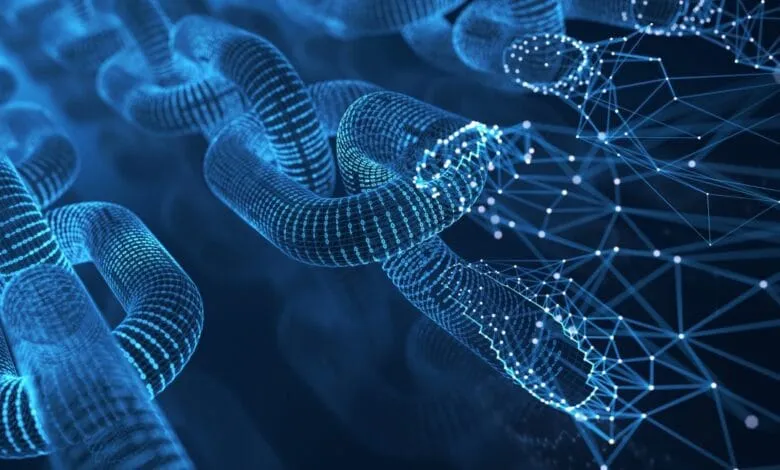 Abstract digital chain links formed from glowing blue binary code, interconnected by a network of nodes.