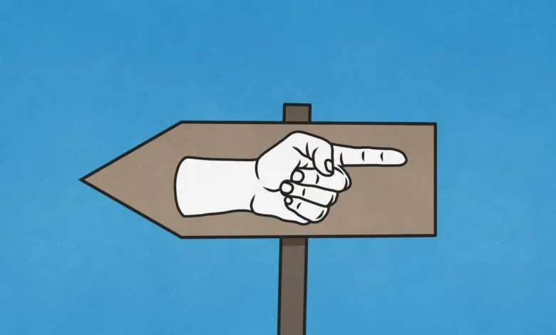 Hand pointing left on a brown arrow sign against a blue background. Simple illustration.