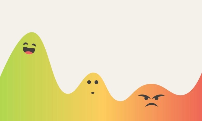 Abstract graphic showing a spectrum of emotions: happy, neutral, and angry, represented by colorful hills with corresponding emoticons.