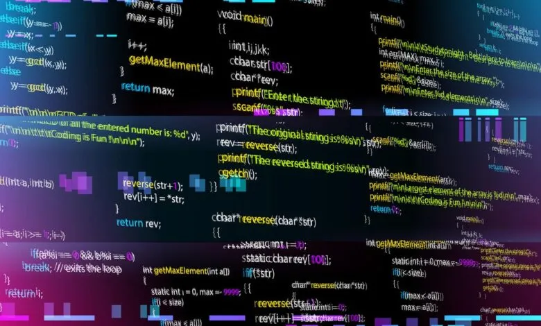 Abstract digital art of colorful code snippets on a dark background.