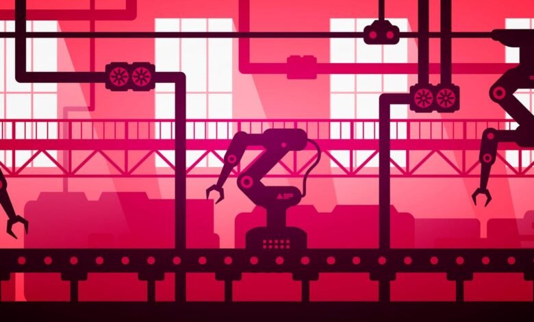 Robotic arm on assembly line in a factory setting, depicted in shades of pink and red.