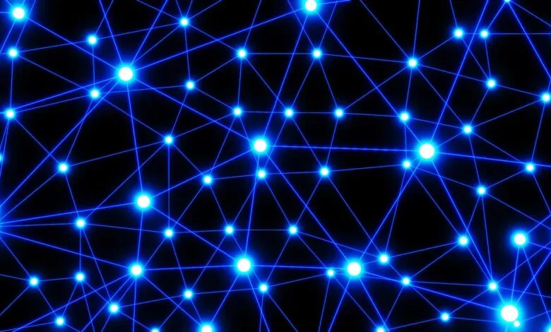 Abstract network graphic with glowing blue nodes and lines on a black background, representing connections and data flow.