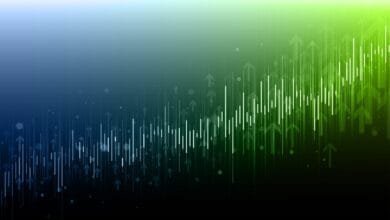 Abstract graphic of upward-trending data visualized with white bars and arrows on a dark teal to green gradient background.